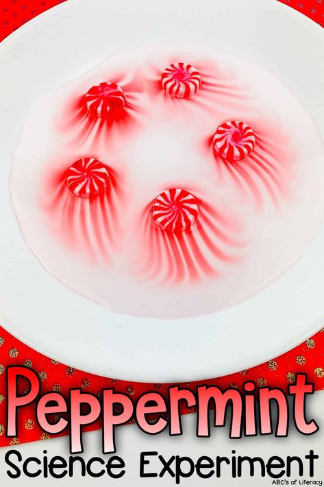 This Peppermint Science Experiment is an easy and fun way to teach young children about how sugar dissolves when mixed with warm water. Preschool Winter Experiments, Winter Themed Science Experiments, Easy Winter Science Experiments For Kids, Holiday Science Preschool, Winter Themed Science Preschool, December Science Center Preschool, Kids Christmas Experiments, Winter Class Projects, Fizzy Candy Cane Experiment