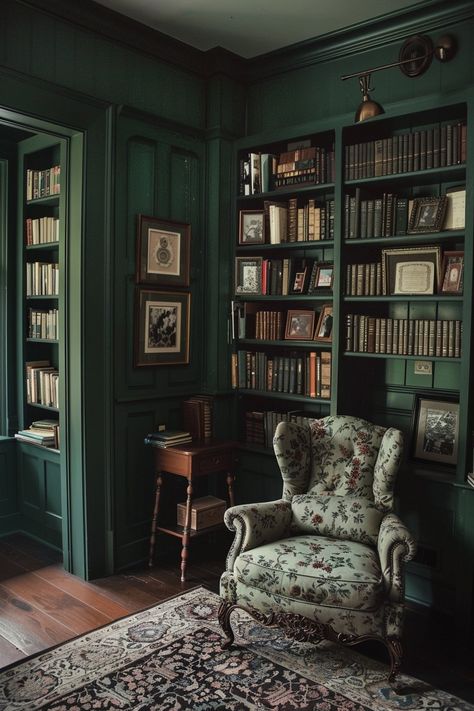 Immersive Interiors: Exploring the Magic of AI-Generated Design — Living Bright Interiors Forest Green Bookshelf, Library Wall Design, Green Library Room, Modern Colonial Interior Design, Luxurious Library, Library Interior Design, Green Bookshelves, Big Library, Colonial Interior Design