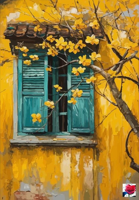 Abstract Window Painting, Window Paintings On Canvas, Simple Oil Painting Ideas, Nostalgia Painting, Canvas Art Projects, Landscape Art Painting, Tableau Art, Window Art, Window Painting