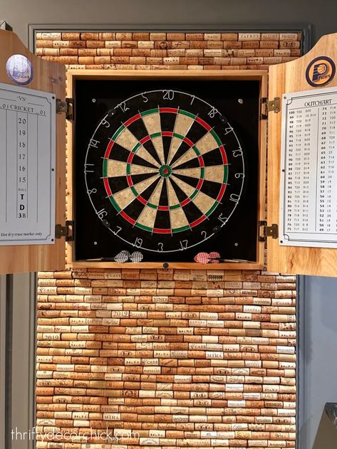 How To Build a DIY Wine Cork Wall Around a Dartboard Dart Board Wall Cork, Diy Dart Board Backing, Diy Dart Board, Wine Cork Wall, Diy Basement Bar, Cork Dartboard, Large Cork Board, Dart Board Wall, Basement Kitchenette