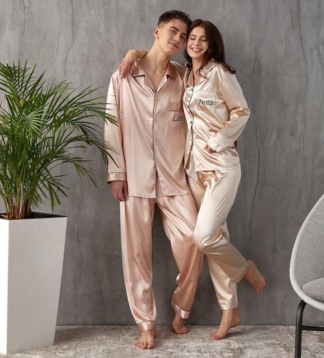 Cute Couples Pajamas, Couple Night Suit, Honeymoon Outfits Night, Pyjama Couple, Couple Pyjamas, Wedding Pjs, Pajamas For Couples, Bride Pajamas, Couples Pajamas