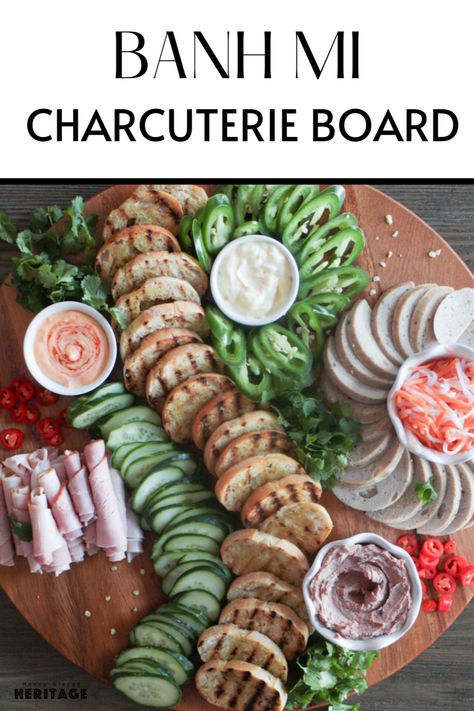 If you love banh mi’s then you’re definitely going to love this banh mi charcuterie board. It’s different from your typical charcuterie board but has all the ingredients that go on a classic cold cut Vietnamese sandwich. Try it for your next board party! Bahn Mi Charcuterie Board, Banh Mi Board, Banh Mi Charcuterie Board, Chacuterie Board, Vietnamese Sandwich, Vietnamese Pork, Banh Mi Sandwich, Cold Cut, Bahn Mi