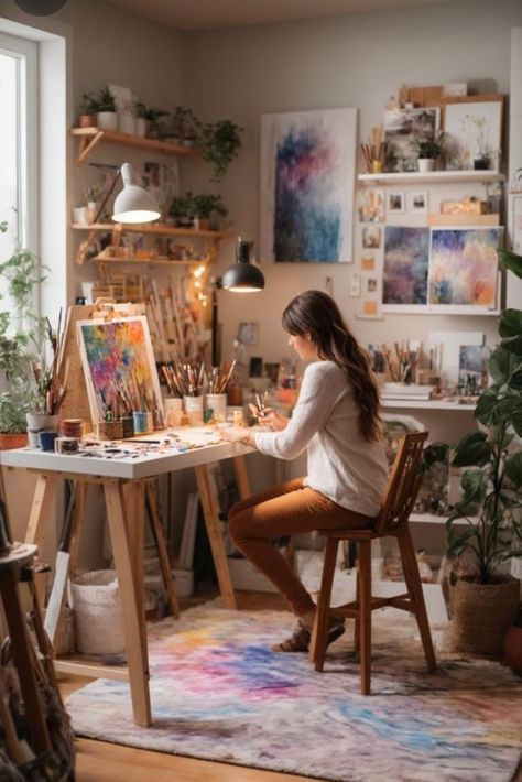 Mini Art Studio, Medditeranean Style Home, Home Art Studios, Pole Barn Loft Ideas, Art Studio Space, Art Studio Room, Art Studio Design, Deco Studio, Art Studio At Home