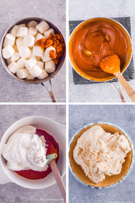 No-Bake Pumpkin Marshmallow Pie Pumpkin Pie Marshmallows, Pumpkin Pie With Marshmallows, No Bake Marshmallow Pumpkin Pie, Pumpkin Marshmallow Pie, Marshmallow Pie Recipe, Marshmallow Pumpkin Pie, Marshmallow Pie, Chocolate Angel Food Cake, Cool Whip Pies