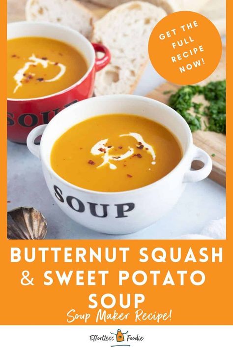 Enjoy the rich flavours of spiced butternut squash and sweet potato soup made effortlessly in a soup maker. This creamy and nutritious recipe is perfect for chilly days and can be easily customised with a variety of spices and toppings. Experience the convenience of homemade soup with minimal effort, delivering a comforting meal that’s healthy and satisfying! Swede Soup, Squash Sweet Potato Soup, Squash And Sweet Potato Soup, Butternut Squash And Sweet Potato, Slow Cooker Butternut Squash, Spiced Butternut Squash, Butternut Squash Sweet, Soup Maker Recipes, Warm Soup Recipes