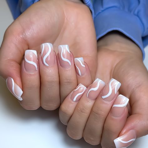 French ombre acrylic nails with this Summers must have Swirly Design. White Swirls Created using @lovelecente White Magic and S1 Brush. #swirlnails #swirlynailart #frenchnails #ombrenails #summernailtrends #summernails #acrylicnails #frenchombre #squarenails #pinkandwhitenails #lecente#nailsideas White French Tip With Swirls, Swirly Designs Nails, French Swirl Nail Designs, Ombre Nails With Swirls, White Swirly Nails Coffin, Square Nails With Swirls, Swirly Nail Designs White, White Swirl Nails Coffin, White Swirly Acrylic Nails