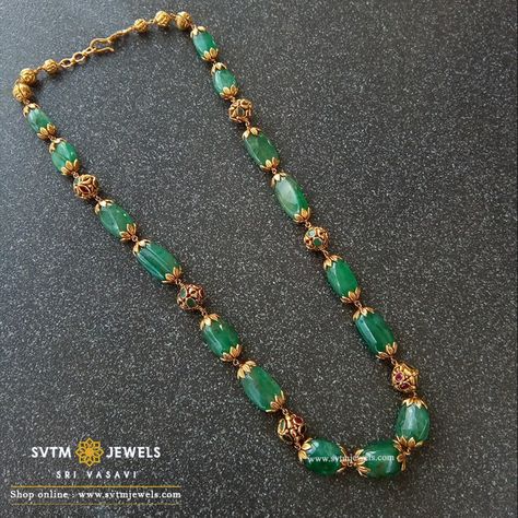 Emerald Beads Jewelry Indian, Beads Mala Designs, Gold Beads Necklace Indian, Beads Chains Designs, Beeds Chain Designs, Ruby Beads Necklace Designs, Green Beads Jewellery Designs, Gold Beads Mala, Green Beads Indian Jewellery