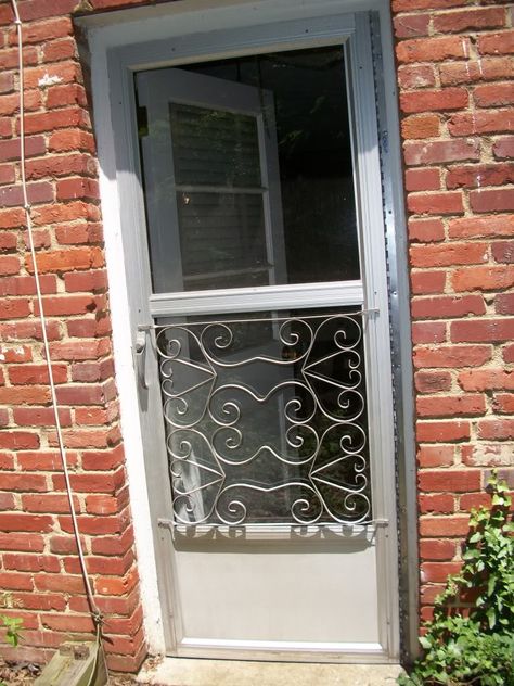 Aluminum Screen Door and Grille Guard - needs a "W" in the middle ♥ Screen Door Protector, Glass Screen Door, Metal Screen Doors, Aluminum Storm Doors, Decorative Screen Doors, Vintage Screen Doors, Aluminum Screen Doors, Door Glass Inserts, Welcome Signs Front Door