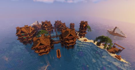 Minecraft Ocean Village (/u/Wulphram) Minecraft Farm Ideas On Water, Minecraft Town On Water, Minecraft Japanese House On Water, Under Water Minecraft Base, Village On Water Minecraft, Minecraft Sea Kingdom, Minecraft Water Base Ideas, Minecraft City On Water, Floating Village Minecraft