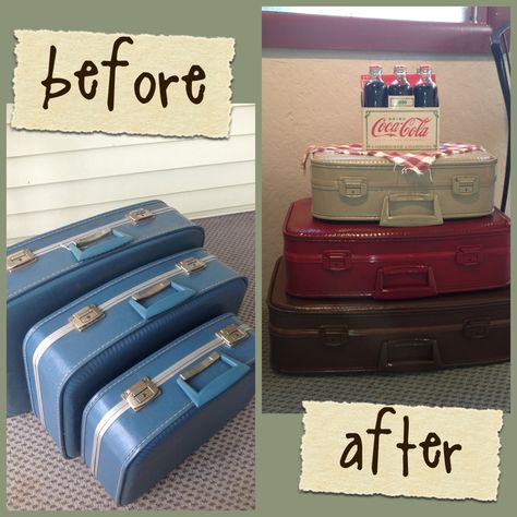 Old ugly suitcases, repurposed into decor with spray paint! Painting Old Suitcases, Painted Suitcase, Suitcase Table, Old Luggage, Suitcase Decor, Diy Suitcase, Old Trunks, Old Suitcases, Vintage Repurposed