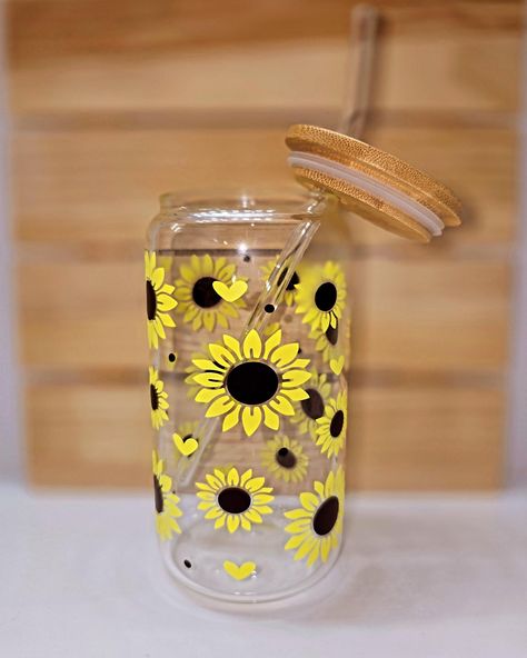 Brighten up your day with this Sunflower glass can cup 🌻 💛 ✨️Available in my Etsy shop✨️ #sunflower #sunflowerglasscup #bright #floral #glasscancup #yellowflowers #yellow #botanical #smallbusiness #etsy #etsyshop #drinkware #cutecup #girly Sunflower Tumbler Cup Ideas, Bridesmaid Basket, Sunflower Glass Cup, Bridesmaid Baskets, Rainbow Sunflower Tumbler, Sunflower And Bee Tumbler Cup, Sunflower And Butterfly Tumbler Cup, Cute Cups, Craft Business