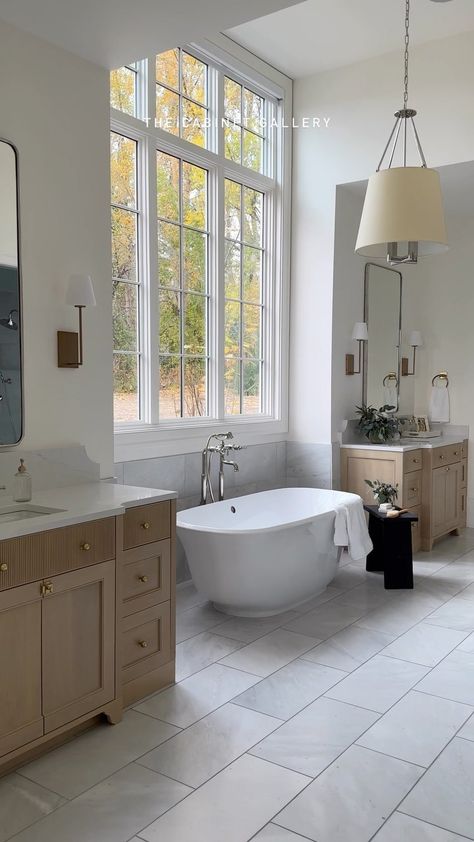 Master Bath With Oak Cabinets, Reeded White Oak Vanity, White Oak Master Bath, White Oak Vanity Bathroom, White And Wood Bathroom, Oak Bathroom Cabinet, White Oak Bathroom Vanity, White Oak Bathroom, Custom Bathroom Vanities