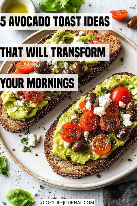 Two slices of avocado toast topped with cherry tomatoes, olives, and feta cheese. Easy Avocado Toast Recipe, Easy Toast Ideas, Avocado Toast Ideas, Breakfast Toast Ideas, Easy Toast, Toast Recipe Breakfast, Simple Avocado Toast, Toast Ideas, Creative Breakfast