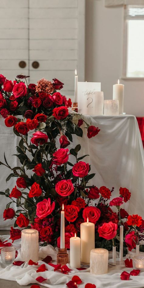 From This Day | Language of Flowers Red Roses Valentines Day, Red Rose Arrangements Floral Design, Red Rose Wedding Decor, Red Roses Decor, Red Rose Centerpiece Wedding, Red Rose Wedding Theme, Romantic Red Wedding, Red Flowers Wedding, White And Red Wedding