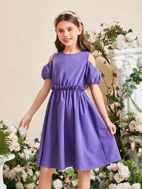 Violet Purple Party Collar Short Sleeve Woven Fabric Plain A Line Embellished Non-Stretch  Tween Girls Clothing Anniversary Outfit, 9th Anniversary, Purple Party, Violet Purple, Creative Packaging, Ely, Preppy Outfits, Girls Dress