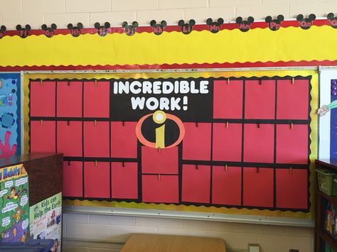 Incredibles Student Work Bulletin Board & Disney Word Wall Student Work Bulletin Board, Work Bulletin Board, Disney Bulletin Boards, Disney Themed Classroom, Superhero Classroom Theme, Disney Word, Superhero Classroom, Disney Classroom, Preschool Bulletin