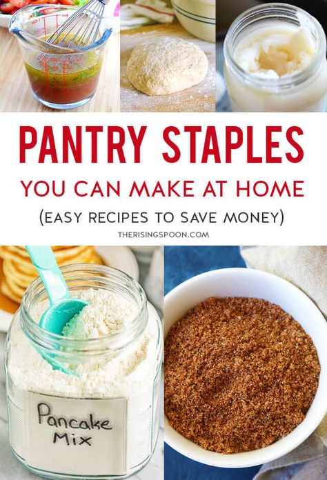 Is your kitchen decently stocked with basic food ingredients? Then you're ready to make loads of pantry staples that will save you money and keep your family well-fed. I'm sharing 100+ homemade recipes for foods you likely already buy from the store, so pick a few of your favorites to DIY, and add them to your meal plan this week. How To Make Home Cleaning Products, Food To Make Instead Of Buying, Baking Basics Ingredients, Food To Make Instead Of Buy, Things To Make Homemade Food, Homemade Meal Prep, Bulk Pantry Staples, Pantry Food Recipes, Homemade Staple Recipes