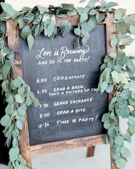 Chalkboard wedding sign #weddingsign #welcomesign #weddingdetails #brewerywedding #brewery Brewery Wedding Reception, Modern Brewery, Wedding Table Planner, Love Is Brewing, Wedding In California, Wedding Chalkboard Signs, Brewery Wedding, Edmonton Wedding, Signing Table Wedding