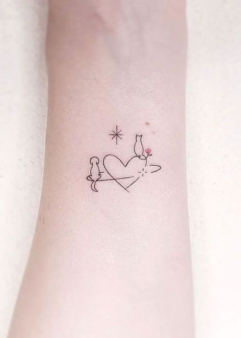 Cat And Dog Small Tattoo, Cats And Dogs Tattoo Ideas, Cats And Dogs Tattoo, Dog And Cat Tattoo Together, Dog And Cat Tattoo, Cat Dog Tattoo, Dog Silhouette Tattoo, Cat Silhouette Tattoos, Cat And Dog Tattoo