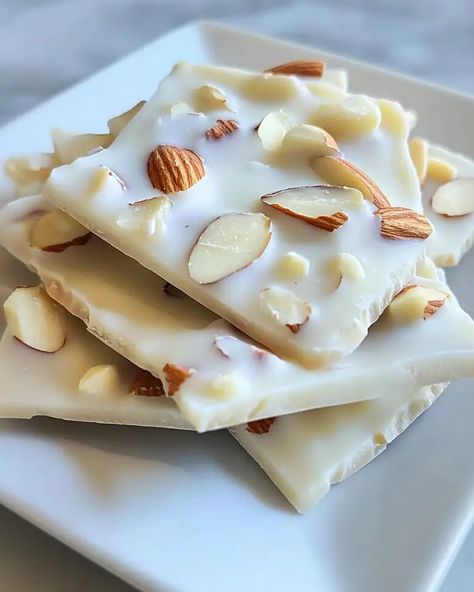 White Chocolate Almond Bark White Chocolate Squares, White Chocolate Almond Bark Recipes, Puff Corn White Chocolate Almond Bark, Almond Bark Recipes Easy, White Bark Candy, White Chocolate Treats, Almond Bark Candy, Pecan Bark Recipe, White Chocolate Almond Bark