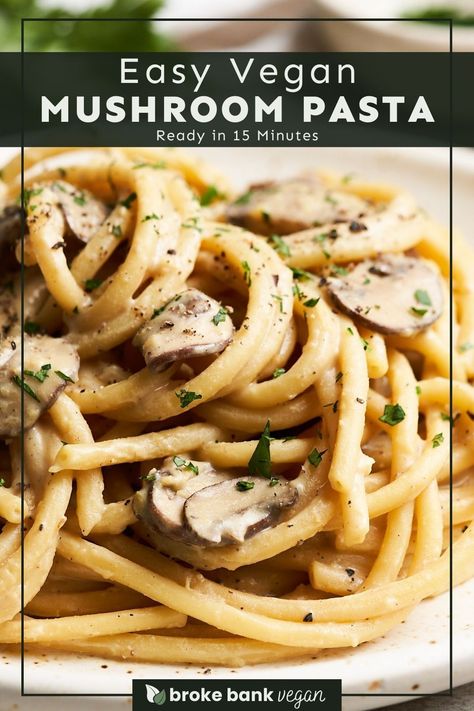 This vegan mushroom pasta is a game-changer for all pasta lovers! With just 9 ingredients and 15 minutes, you’ll have a creamy, umami-packed, and comforting meal. No vegan cream or cheese is needed — just simple, everyday staples!  #veganmushroompasta #veganpasta #veganmushroompastasauce Peas And Mushrooms, Vegan Mushroom Pasta, Vegan Mushroom, Vegan Fish, Healthy Plant Based Recipes, Vegan Cream, Vegan Pasta Recipes, Vegan Main Dishes, Vegan Parmesan