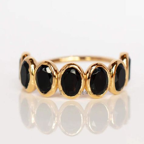 Black Onyx Engagement Ring Bezel Set Diamond Band 5*3 mm Oval Cut Moissanite Ring Seven Stone Diamond Band Black Moissanite Eternity Band Black Ring Engagement, Gold And Black Ring, Unique Gold Engagement Rings, Bezel Set Diamond Band, Black Diamond Wedding Rings, Gift Wishlist, Jewelry Wishlist, Black Onyx Engagement Ring, 2024 Wishlist