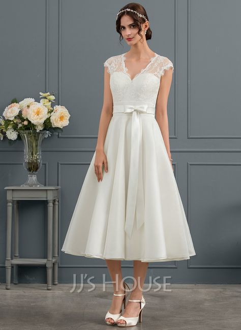 A-Line V-neck Tea-Length Satin Wedding Dress With Bow(s) (002145320) - JJ's House Satin Wedding Dress With Bow, Tea Length Wedding Dresses Lace, Wedding Dress With Bow, Beading Dress, Crystal Wedding Dresses, Tea Length Tulle, Wedding Dress Silhouette, Bow Wedding Dress, Buy Wedding Dress