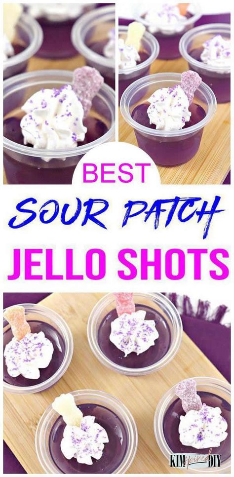 Sour patch candy jello shots everyone will love. Easy jello shots w/ vodka. Tasty grape sour patch gummy candy jello shots for parties, Halloween, girls weekend, bachelorette parties & more. Get ready for the best vodka sour patch jello shots Football Tailgate Jello Shots, Nerds Jello Shots, Jello Shots Grape, Sour Patch Jello Shots, Skittles Wild Berry Jello Shots, Glitter Jello Shots Vodka, Wild Berry Jello Shots, Grape Jello Shots Recipes, Gluten Free Jello Shots