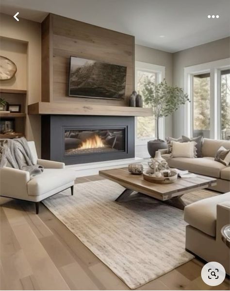 Extra Wide Fireplace, 8 Ft Fireplace, One Side Vaulted Ceiling Living Room, Basement Fireplace Tv Wall, Slat Wall Fireplace Ideas, Modern Tv Fireplace Wall, Fire Places Ideas Living Room With Tv, Flat Wall Fireplace Ideas, Small Tv Room Design