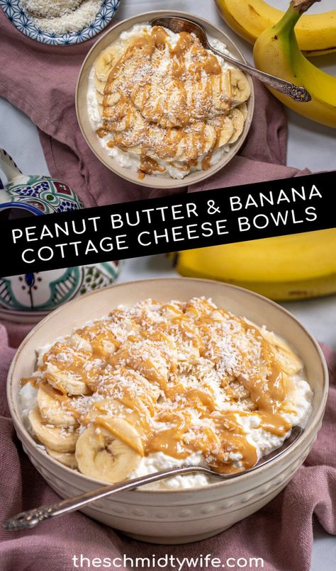 With creamy cottage cheese, bananas, peanut butter, and coconut make yourself a protein packed breakfast! Easy to make Peanut Butter & Banana Cottage Cheese Breakfast Bowls will keep you full and focused all day long. Banana Cottage Cheese, Cottage Cheese Bowl, Cottage Cheese Breakfast Bowl, Cottage Cheese Recipes Healthy, Cheese Bowl, Cottage Cheese Desserts, Cottage Cheese Breakfast, Queso Cottage, Packed Breakfast