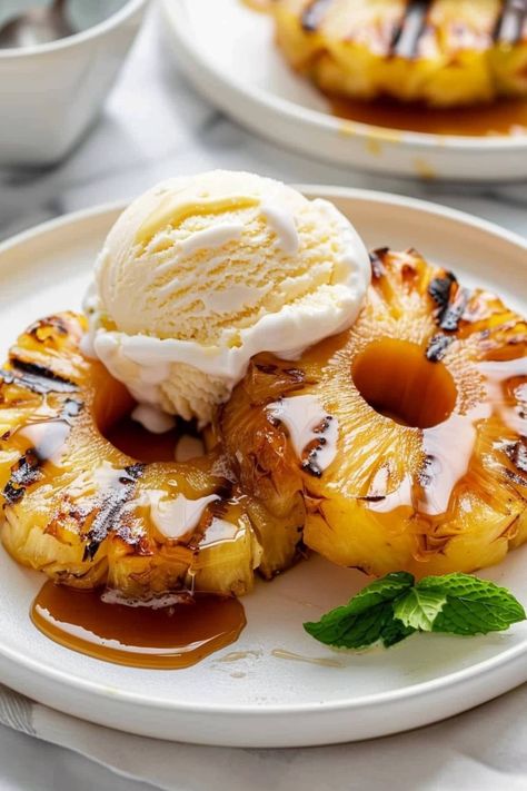 Pineapple Display Ideas, Pineapple Food Ideas, Ice Cream With Fruit, Grilled Pineapple Dessert, Pineapple Topping For Ice Cream, Grilled Pineapple Bowl, No Churn Pineapple Ice Cream, Pineapple Coconut Ice Cream, Pineapple Food