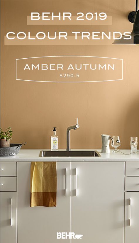 Snuggle up to the cozy hue of Amber Autumn, the Behr Paint Color of the Month. This golden beige shade pairs beautifully with the bright white sink and cabinets in this modern kitchen. Refresh your home with a new coat of paint before the holiday entertaining season. Click below to discover more inspiration. Butterscotch Paint Color, Amber Paint Color, Golden Aura Paint Behr, Behr Spiced Brandy, Amber Autumn Behr Paint, Behr Amber Autumn, Warm Yellow Paint Colors Behr, Behr Orange Paint Colors Accent Walls, Tan Paint Colors