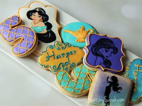 Aladdin Cookies, Jasmine Cookies, Jasmine Cake, Princess Jasmine Party, Aladdin Birthday Party, Princess Jasmine Birthday Party, Princess Jasmine Birthday, Aladdin Party, Jasmine Party