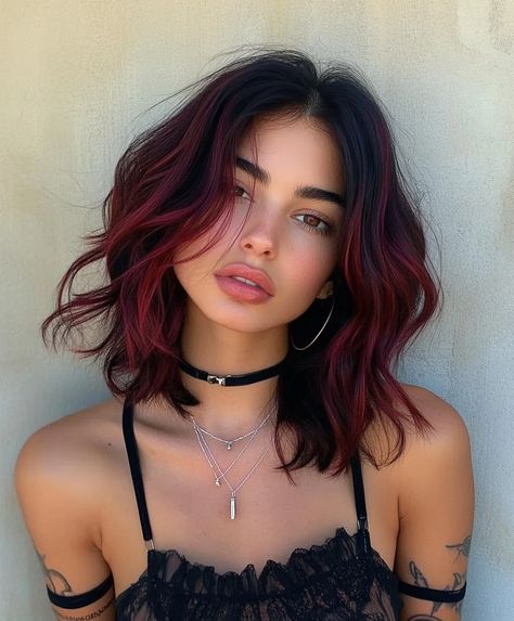 Top 51 Dark Copper Hair Colors to Rock This Fall - AskNaij Fall Hair Colors Dark Roots, Dark Hair Red Underneath, Ombre Brown To Red Hair, Black To Cherry Red Hair, Dark Brown And Red Hair Underneath, Dark Brown Hair With Red Streaks, Dark Root Hair Colours, Halloween Hair Color Ideas Short Hair, Cherry Red And Black Hair