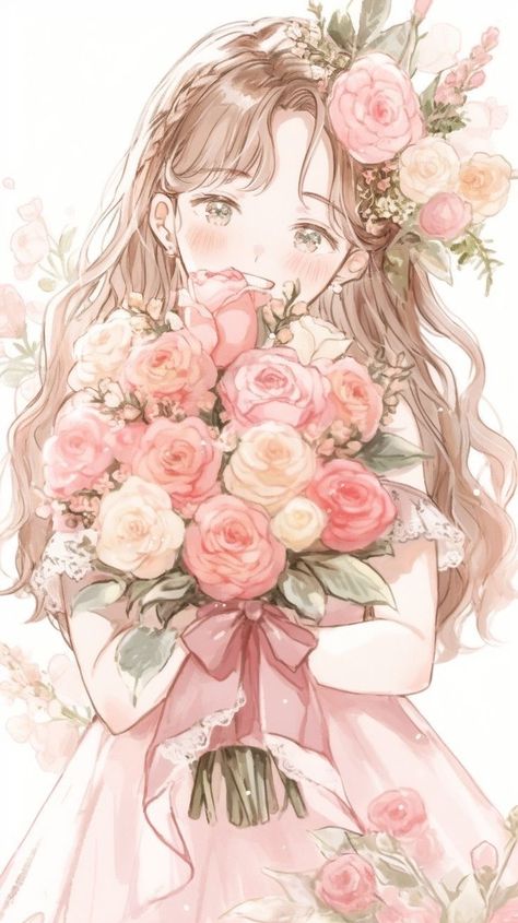 Girly Art Illustrations Life, Holding A Bouquet Of Flowers, Flower On Head, Anime Flower, Holding A Bouquet, A Bouquet Of Flowers, Anime Pixel Art, Girly Art Illustrations