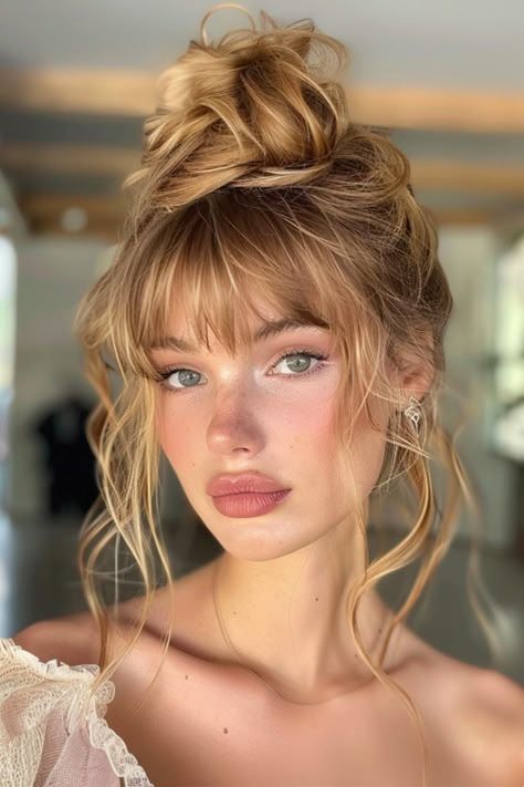 Rooted Blonde With Bangs, Beach Hairstyles Bangs, Elegant Hair With Bangs, Braid With Bangs Hairstyles, Bang Updo Hairstyles, Wedding Hair Fringe, Bride Bangs, Trendy Hairstyles With Bangs, Blonde Bangs