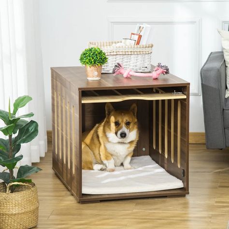 Archie & Oscar™ Monique Furniture Style Dog Crate End Table Decorative Puppy House With Soft Cushion, Side Holes, Removable Door Panel, Safety Lock, Indoor Use, For Small & Medium Dogs, Brown | Wayfair Dog Creates, Dog Kennel End Table, Dogs Brown, Crate End Table, Dog Crate End Table, Furniture Style Dog Crate, Wood Dog Crate, Crate End Tables, Wooden Dog Crate