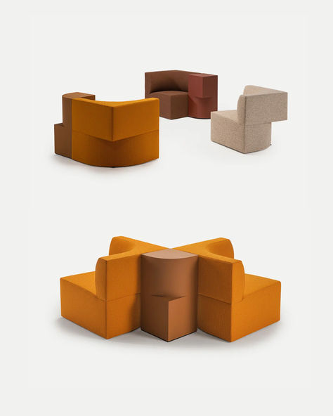 Modern modular sofa set in various colors and configurations, including a curved L-shaped sofa, a smaller L-shaped sofa with a single seat, a rectangular sofa, and a cross-shaped sofa. Sancal Furniture, Dream House Decor, Upholstered Furniture, Modular Sofa, Carving, Sofa, Key, Texture, Furniture