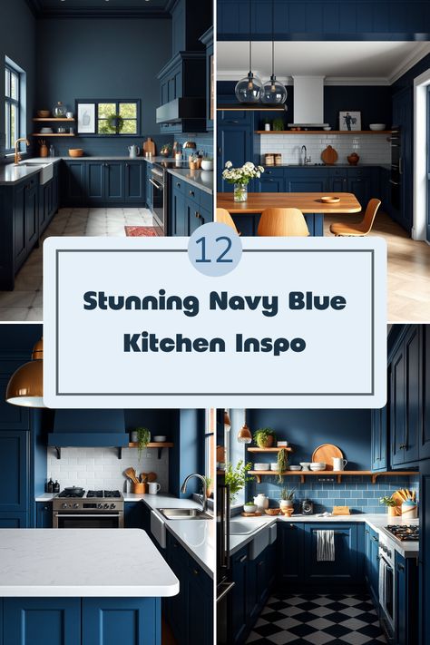 Are you dreaming of a navy blue kitchen? Check out these 12 stunning ideas that blend elegance and style! From classic navy cabinets to nautical-inspired accessories, there’s something for everyone looking to elevate their kitchen decor. Embrace unique patterns and textures that combine functionality with flair. This guide promises unique navy ideas to make your food space stand out! Explore designs that cheerfully incorporate rich blue tones, creating a chic yet cozy environment where you’ll love to gather and cook. Kitchen Tiles Backsplash With Blue Cabinets, Blue Kitchen Dark Floor, Diy Navy Kitchen Cabinets, Kitchen With Blue Countertops, Navy Blue Kitchen Accessories, Nautical Kitchen Cabinets, Navy Blue Kitchens, Blue Kitchen Inspiration, Navy Kitchen Cabinets