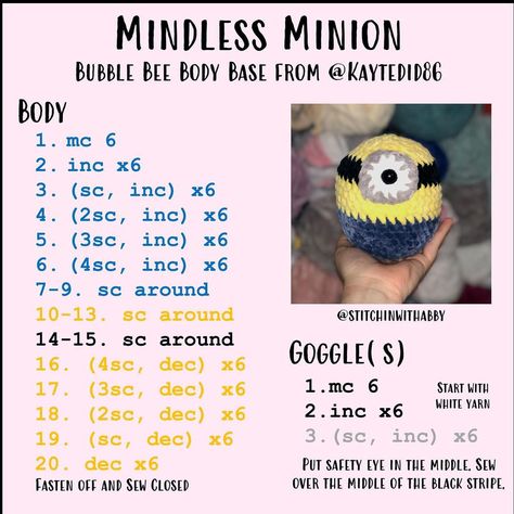 Abby Greenfield | Mindless Minion Pattern Base from @kaytedid86 Yarn from @michaelsstores #crochetpattern #freepattern #freecrochetpattern #pattern… | Instagram Crochet Projects Animals Free Pattern, Crochet Patterns 1 Hour, Crochet Minion Free Pattern, Crochet Amigurumi Beginner Free Easy Patterns, Instagram Crochet Pattern, Crochet Minions Pattern Free Amigurumi, Cute Crochet Patterns, Minion Crochet Patterns, Crochet Patterns Easy