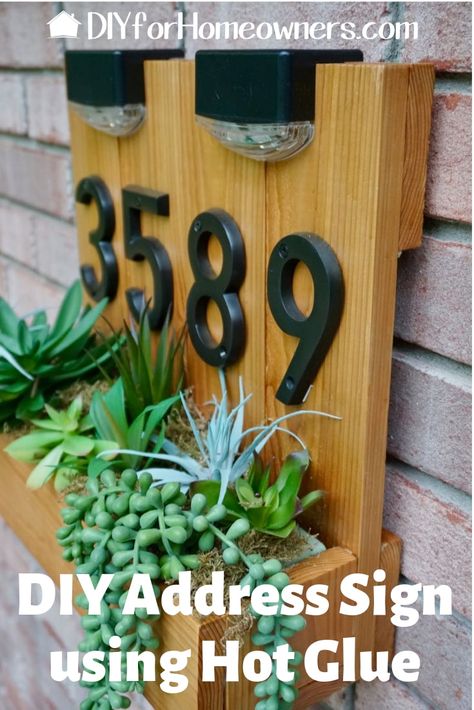 Planter Box Address Sign Diy, Diy House Number Planter, Diy House Number Sign Planter, House Number Wall Planter, House Number Sign With Planter, Diy Modern House Number Sign, Address Sign With Solar Light, Diy Solar House Number Sign, Diy House Number Sign Solar Lights