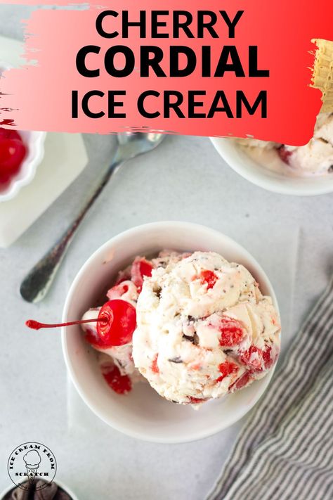 Cherry Cordial Ice Cream, Cherry Ice Cream Recipe Ice Cream Maker, Amaretto Ice Cream, Frozen Custard Recipes, Cherry Ice Cream Recipe, Kitchen Aid Ice Cream Recipes, Ice Cream From Scratch, Homemade Ice Cream Recipes Machine, Kitchen Aid Ice Cream