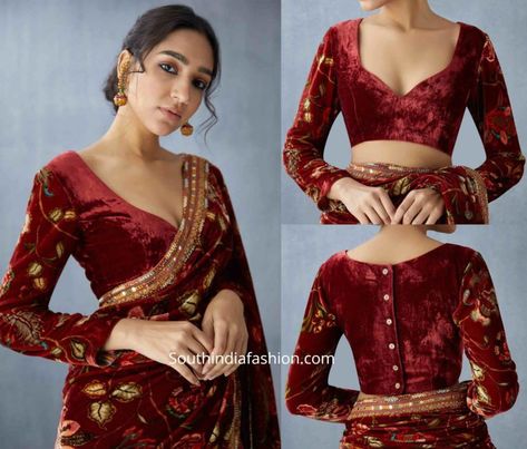 Red Velvet Blouse Designs, Velvet Blouse Designs Latest, Velvet Blouse Designs, Organza Saree Blouse, Red Velvet Blouse, Velvet Blouse Design, Velvet Saree, Long Blouse Designs, Saree Blouses Online