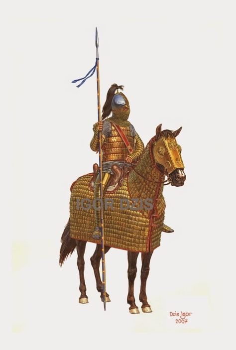 Roman Cataphract late 3rd Century Battle Painting, Angus Mcbride, Byzantine Army, Imperiul Roman, Persian Warrior, Historical Warriors, Eastern Roman, Ancient Persia, Heroic Fantasy