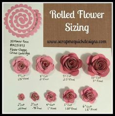 Rolled paper flower sizing chart. Cricut paper flowers Rolled Paper Flowers, Idee Cricut, Fleurs Diy, Folding Origami, Flower Shadow Box, Diy Cricut, Cricut Craft Room, Flower Template, Paper Flowers Diy