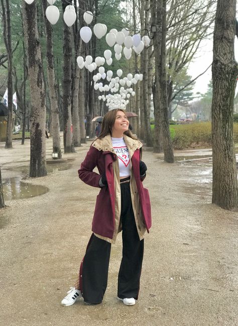 Nami Island Outfit, Nami Island Korea, Korea Outfits, Red Winter Coat, Brown Winter Coat, Stylish Raincoats, 2019 Outfits, Autumn Travel, Nami Island