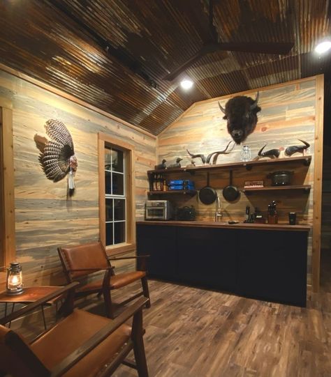 Lovely finished cabin for hunting at Tiny Hive in Giddings, TX Tiny Hunting Cabin, Derksen Shed House, Hunting Camp Ideas Cabin, Shed Cabin Interior, Shed Cabin Ideas, Interior Cabin Ideas, Hunting Cabin Plans, Hunting Cabin Interior, Small Hunting Cabin