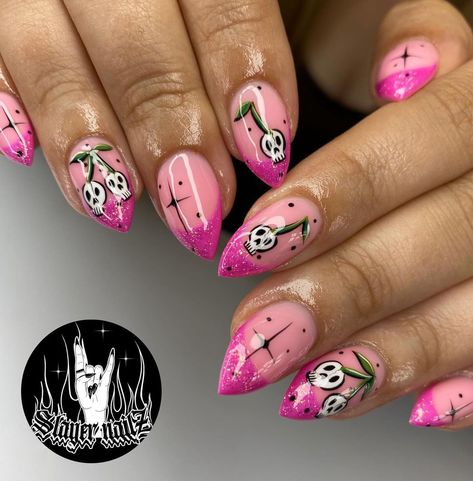 Eleza🥀 | Girly pop skull cherries!!✨💖 Thank you @dannicourts!! Inspo by @nailsbloodynails!✨ Brands used: @candy.coat, @nailorder💖 Time taken: 2… | Instagram Skull Cherries, Nail Designs For Halloween, Cute Nail Art Ideas, Cherry Nail Art, Scary Nails, Cherry Nail, Horror Nails, Skull Nails, Spider Design