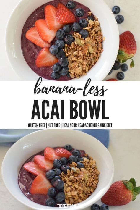 Acai Bowl Without Bananas | The Dizzy Cook Acai Bowl Recipe No Banana, Acai Bowl Recipes, Dizzy Cook, Acai Bowl Recipe, Buckwheat Granola, Migraine Diet, Acai Bowls Recipe, Healthy Bowls Recipes, Acai Smoothie Bowl