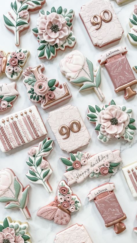 Pink And Gold Birthday Cookies Decorated, 95th Birthday Decorated Cookies, Elegant Birthday Cookies For Women, Pink And Green Cookies Decorated, Pink Flower Cookies Decorated, Rose Gold Birthday Cookies Decorated, 90th Birthday Royal Icing Cookies, Rose Gold Decorated Cookies, Iced Birthday Cookies